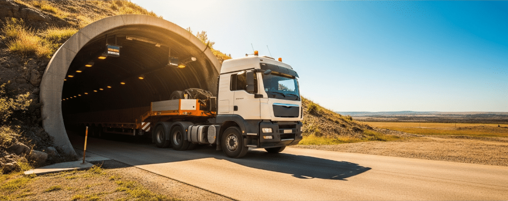 Schwertransport-LKW fährt aus einem Tunnel – maximale Maße beim Schwertransport auf offener Straße.